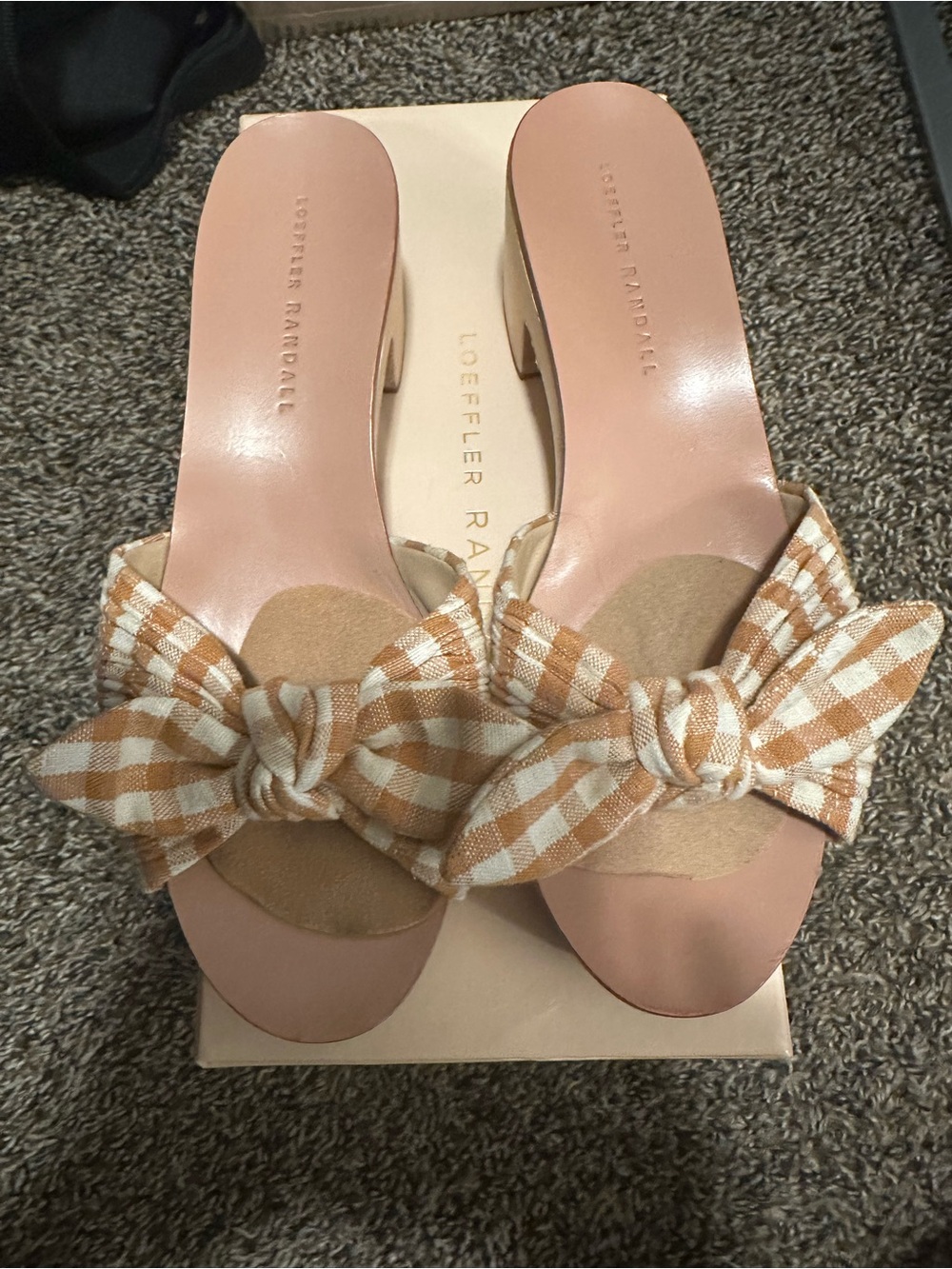 Loeffler Randall Tan & White Gingham Bow Slide Sandals
